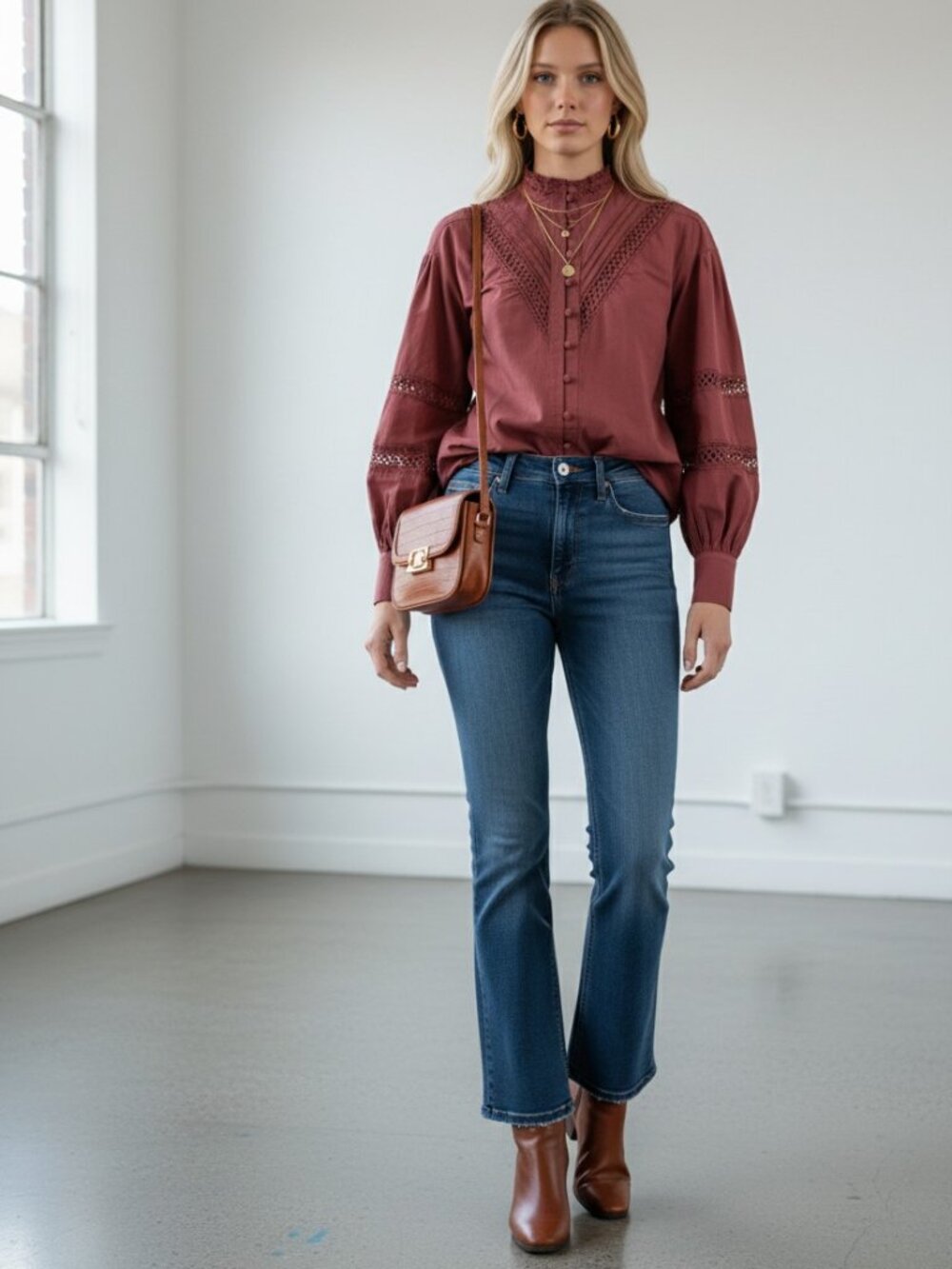 Burgundy Prairie Blouse Small Lace Detail Bishop Sleeve Boho Top NWT